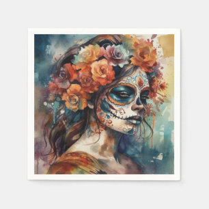 Watercolor Catrina Dia de los Muertos Sugar Skull Napkin