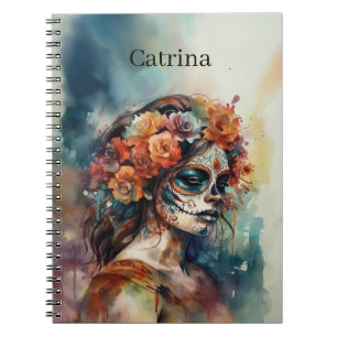 Watercolor Catrina Dia de los Muertos Sugar Skull Notebook