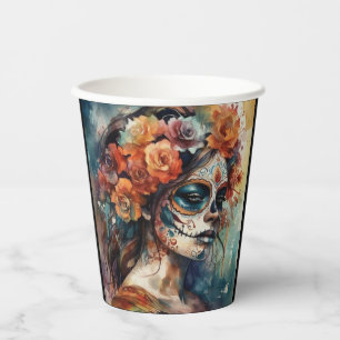 Watercolor Catrina Dia de los Muertos Sugar Skull Paper Cups