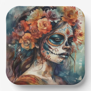 Watercolor Catrina Dia de los Muertos Sugar Skull Paper Plate
