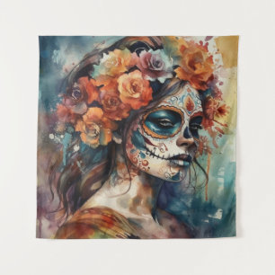 Watercolor Catrina Dia de los Muertos Sugar Skull Tapestry