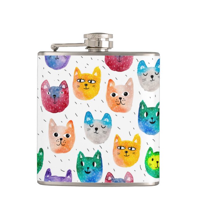 Watercolor cats and friends hip flask (Front)