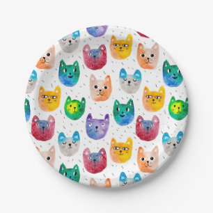 Watercolor cats and friends paper plate