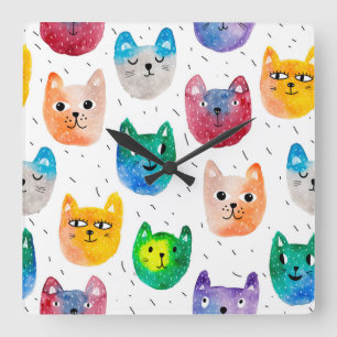 Watercolor cats and friends square wall clock