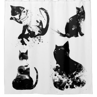 Watercolor Cats, Black Cat, Minimal, Black & White Shower Curtain