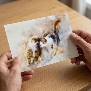 Watercolor Cats Nuzzling in Soft Abstract Art Postcard