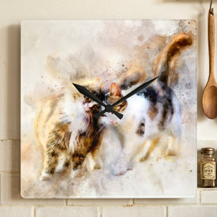 Watercolor Cats Nuzzling in Soft Abstract Art Square Wall Clock