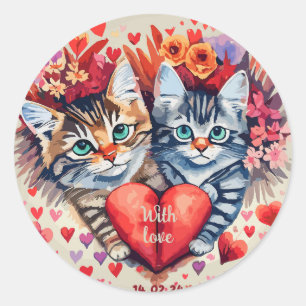 Watercolor cats with heart classic round sticker