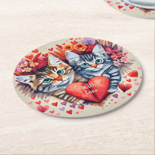 Watercolor cats with heart round paper coaster