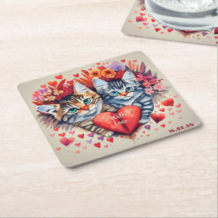 Watercolor cats with heart square paper coaster