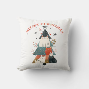 Watercolor Cats Xmas Tree Cute Meowy Christmas Cushion