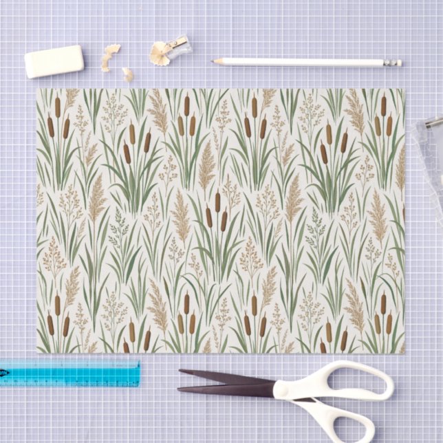 Watercolor Cattail Reeds Botanical Pattern Tissue Paper (Craft)