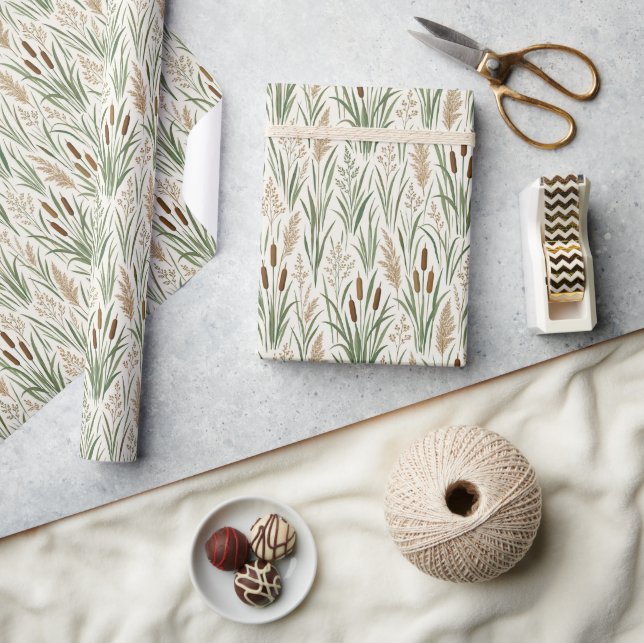 Watercolor Cattail Reeds Botanical Pattern Wrapping Paper (Crafts)