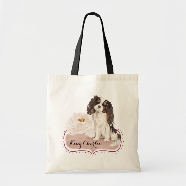 Watercolor Cavalier King Charles Spaniel with Rose Tote Bag (Front)