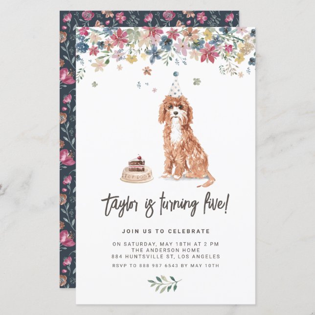 Watercolor Cavapoo Dog Birthday Party Invitation (Front/Back)