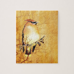 Watercolor Cedar Waxwing Bird Jigsaw Puzzle