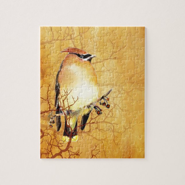 Watercolor Cedar Waxwing Bird Jigsaw Puzzle (Vertical)