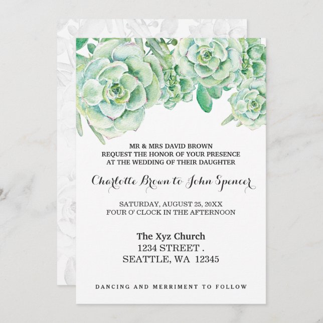 watercolor celadon succulent wedding invitations (Front/Back)