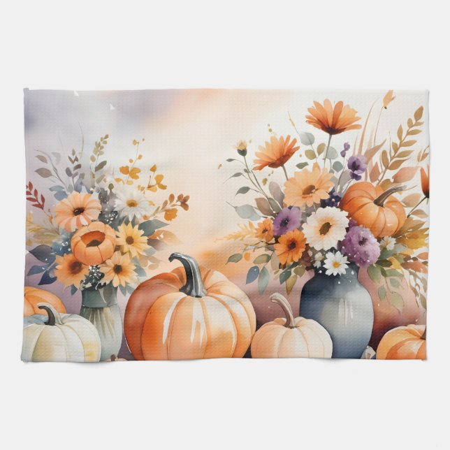 Watercolor celebrating fall tea towel (Horizontal)