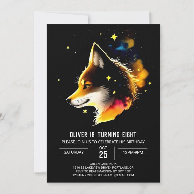 Watercolor Celestial Wolf Cub Howl Birthday Invitation (Front)