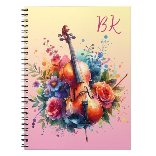 Watercolor Cello and Flowers Personalised Notebook (Front)