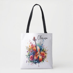 Watercolor Cello and Flowers Personalised Tote Bag