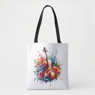 Watercolor Cello and Flowers Tote Bag