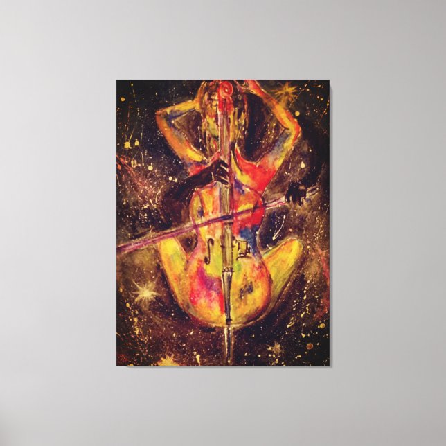 Watercolor - Cello Space Sonata - Lady with Cello Canvas Print (Front)