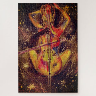 Watercolor - Cello Space Sonata - Lady with Cello Jigsaw Puzzle
