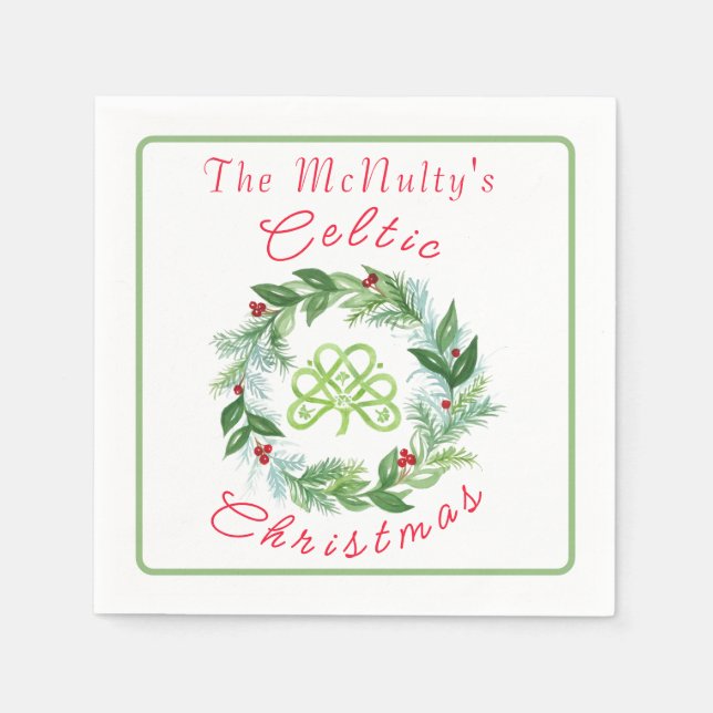 Watercolor Celtic Christmas Wreath PERSONALIZE Napkin (Front)