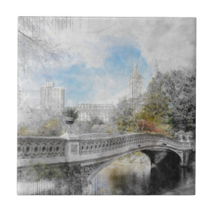 Watercolor Central Park Bridge Wall Decor Tile