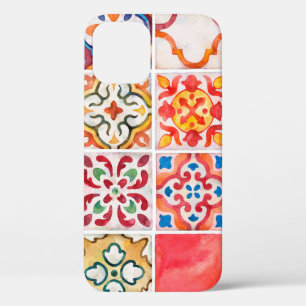 Watercolor ceramic tiles collection. Square vintag iPhone 12 Case