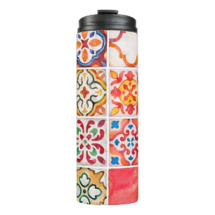 Watercolor ceramic tiles collection. Square vintag Thermal Tumbler