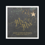 Watercolor chalkboard mr and mrs script wedding napkin<br><div class="desc">Winter rustic gold typography script Mr and Mrs wedding custom paper napkins featuring a wooden star with a pine bough and watercolor natural brown and green splashes on dark grey chalkboard background. Ideal for your modern night winter elegant rustic country,  evergreen or Christmas wedding,  woes renewals or anniversaries.</div>