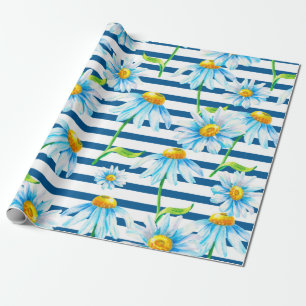 Watercolor chamomile on a white-blue striped backg wrapping paper