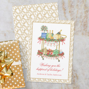 Watercolor Champagne Bar Cart Christmas Holiday Card