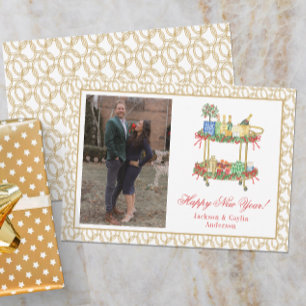 Watercolor Champagne Bar Cart New Year Photo Holiday Card