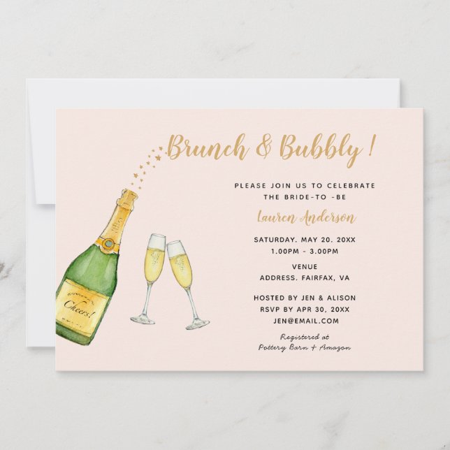 Watercolor Champagne bridal shower pink & gold Announcement (Front)