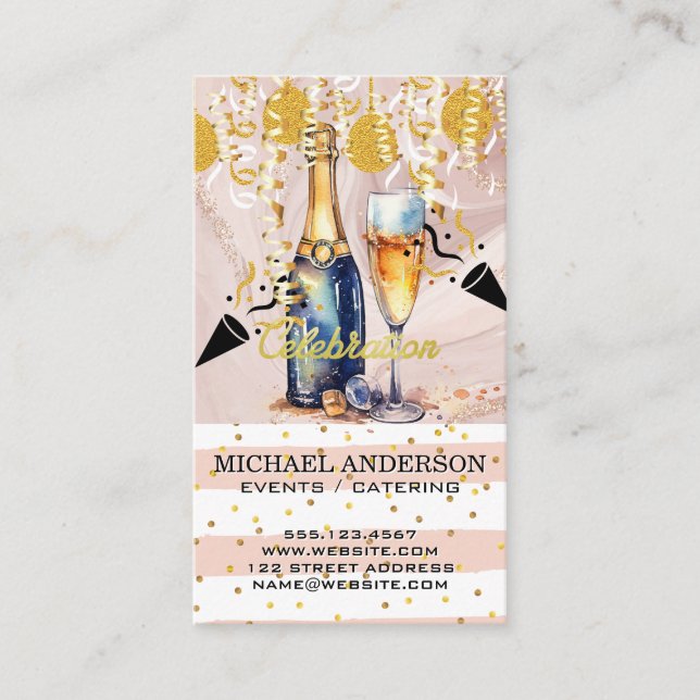 Watercolor Champagne / Confetti and Balloons Business Card (Front)