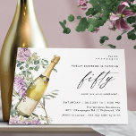 Watercolor Champagne Elegant Women's 50th Birthday Invitation<br><div class="desc">Modern 50th birthday invitations featuring a watercolor illustration of a champagne bottle surrounded by blooming purple flowers. Large "fifty" text is written in script,  for a fun-but-elegant invitation with a coordinating pale green colour on the reverse.</div>
