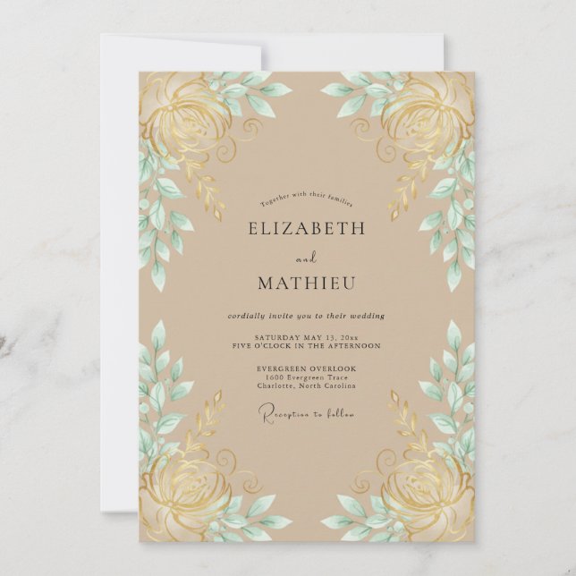 Watercolor Champagne Mint Leafy Wedding Invitation (Front)