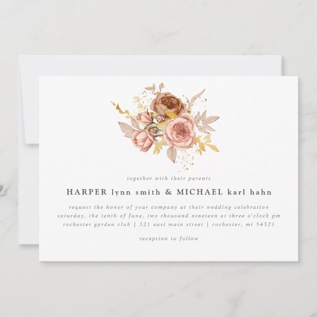 Watercolor champagne roses gilded wedding invitation (Front)
