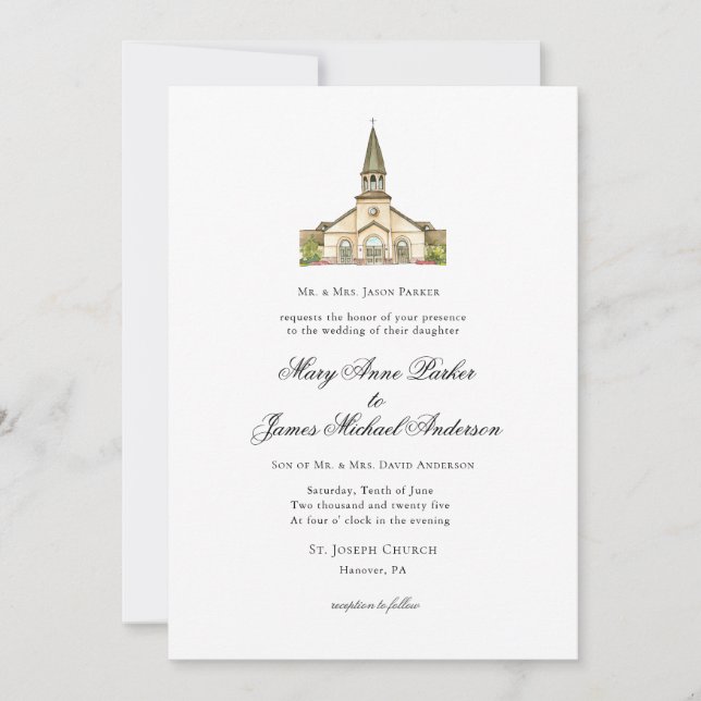 Watercolor Chapel Christian Wedding Invitation (Front)