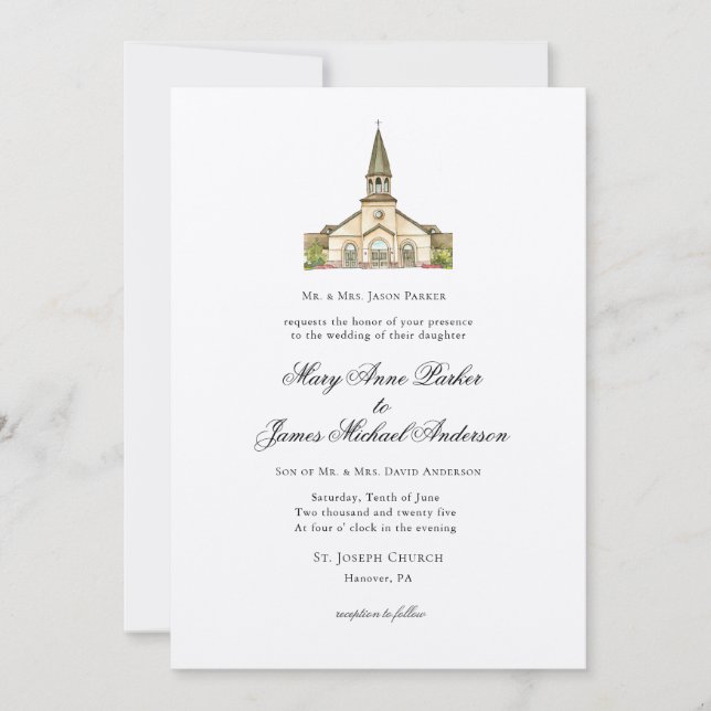 Watercolor Chapel Christian Wedding Invitation (Front)