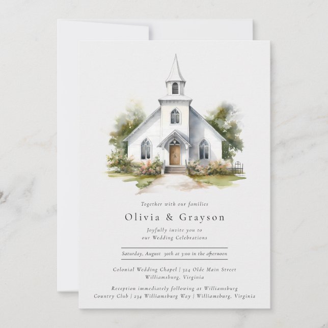 Watercolor Chapel Christian Wedding Invitation  (Front)