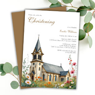 Watercolor Charming Church Baptism Christening Invitation