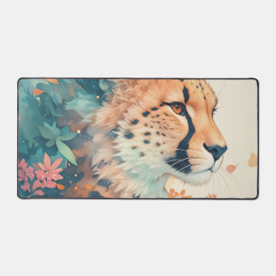 Watercolor Cheetah Portrait Aqua Teal Coral Floral Desk Mat