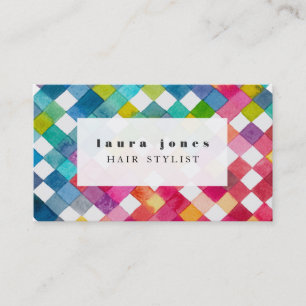 Watercolor Chequered Pattern Hair Stylist Template Business Card