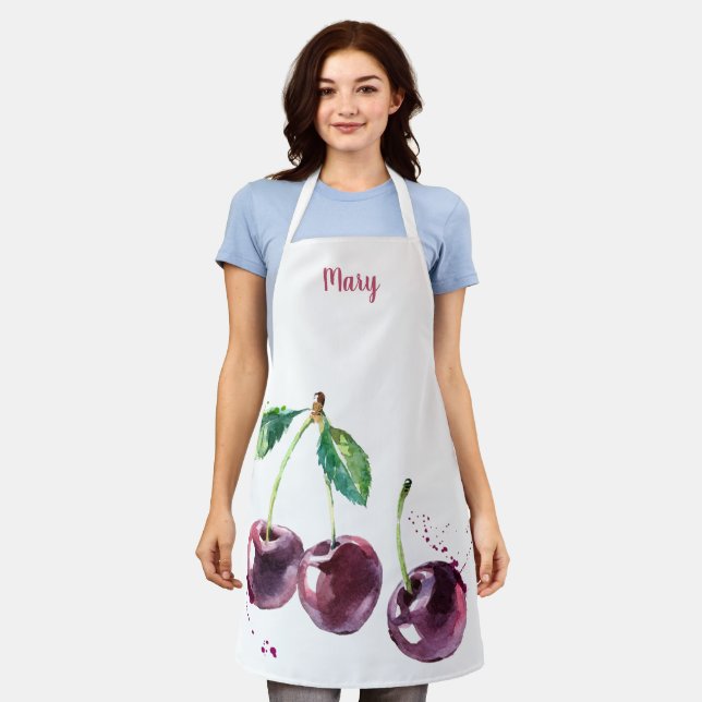 Watercolor Cherries Customisable Apron (Worn)