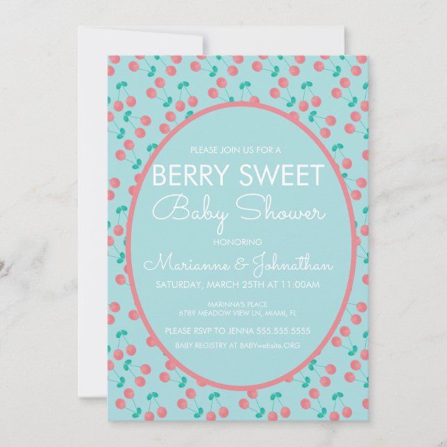 Watercolor Cherries Fruit Berry Pink Baby Shower Invitation (Front)
